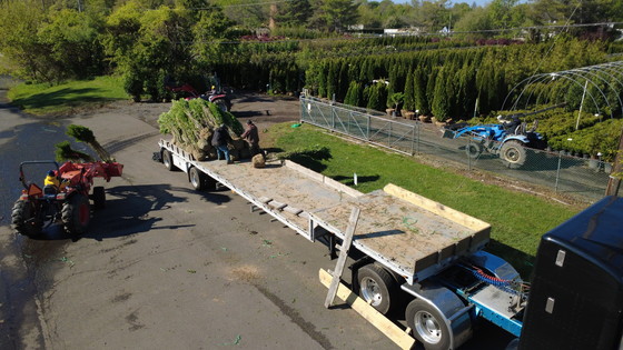 Aerial drone view of Landex Nursery being loaded for delivery in Freehold, NJ